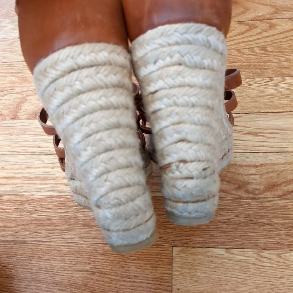 [SOLD] Coach Cognac Brown Leather Caged T-Strap Espadrille Wedge Strappy Sandals - Picture 8 of 16